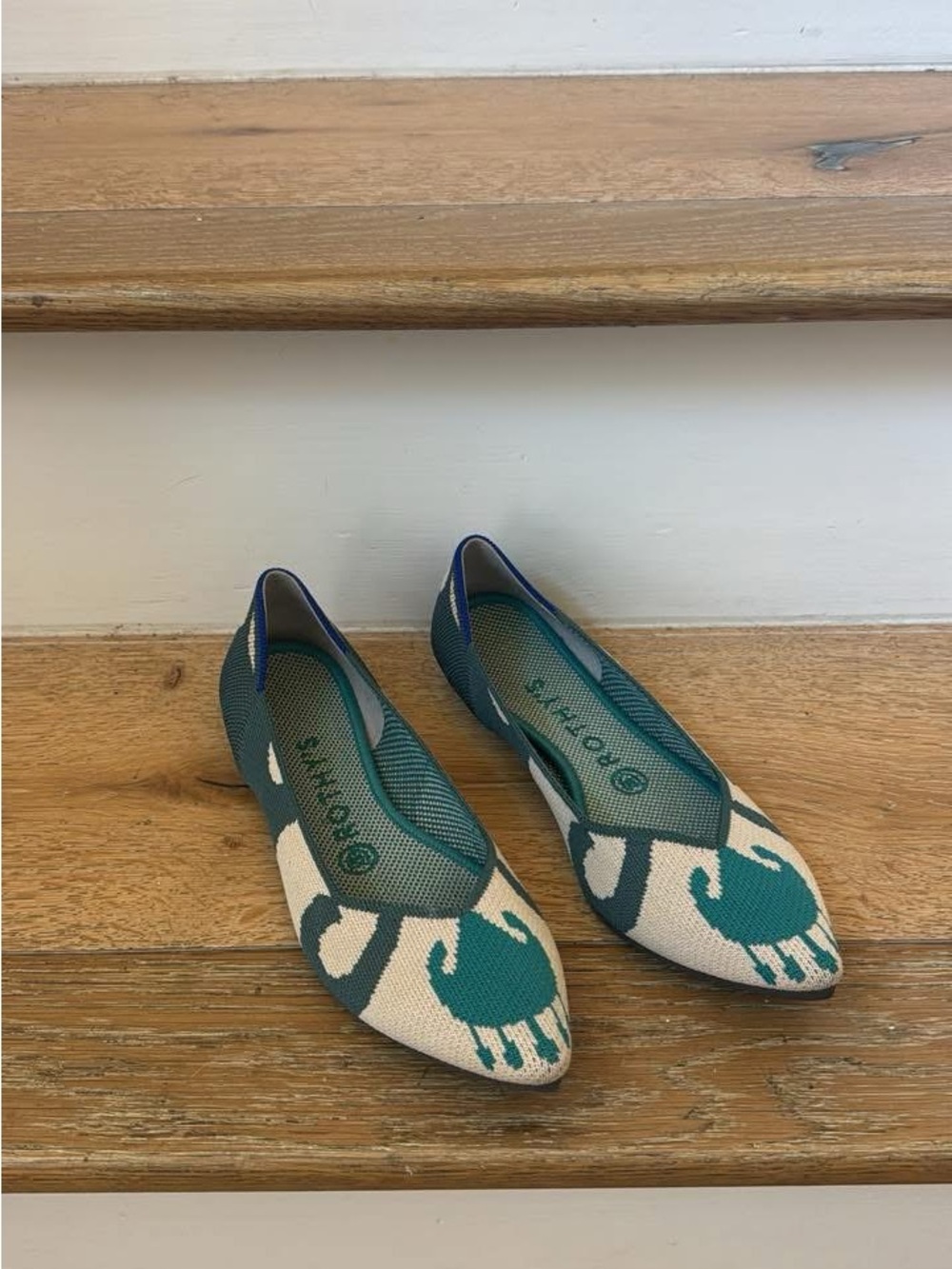 Rothy’s Moroccan The Point. Elephant Pattern Teal and Cream Women’s Ballet Flats